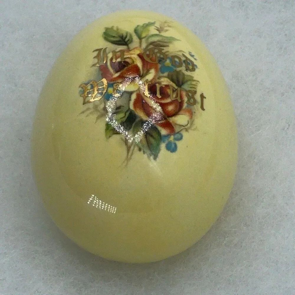Vintage enamel floral posted “In God We Trust” egg decor